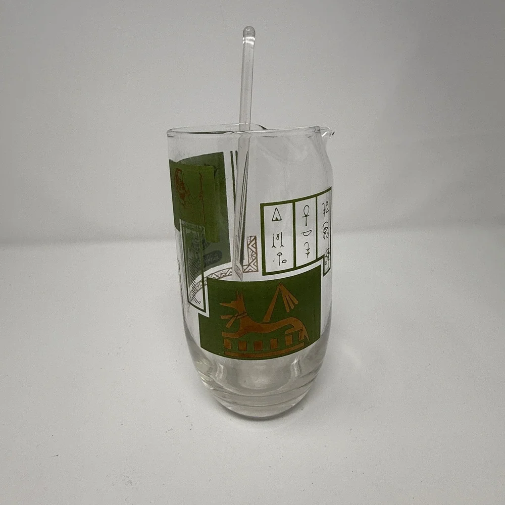 MCM Vintage Egyptian Revival Pitcher Glass with‎ glass Stirrer Barware